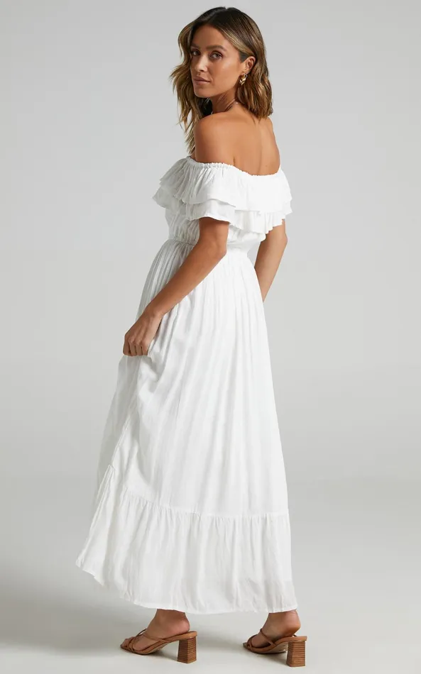 Showpo Notre Dame Midi Dress 8211 Off Shoulder Dress In White Women Dresses