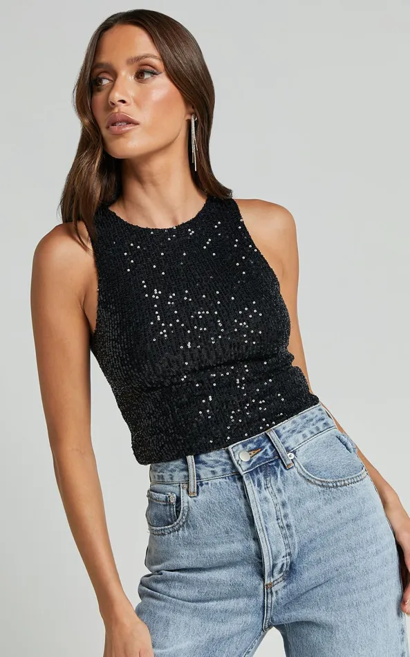 Showpo Nouvel Top 8211 High Neck Sequin Tank Top In Black Women Tops