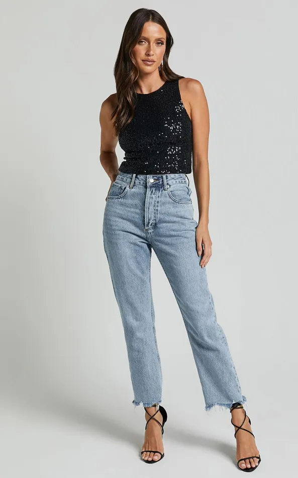 Showpo Nouvel Top 8211 High Neck Sequin Tank Top In Black Women Tops