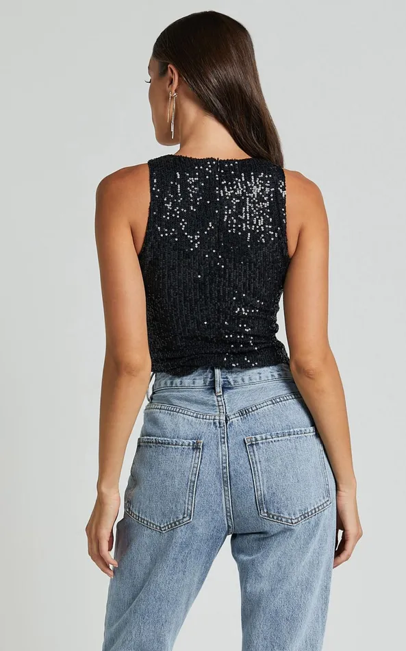 Showpo Nouvel Top 8211 High Neck Sequin Tank Top In Black Women Tops