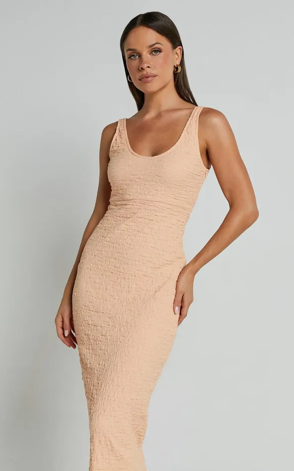 Showpo Novida Midi Dress 8211 Textured Bodycon Dress In Sherbet Women Dresses