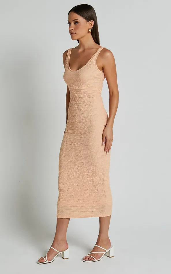 Showpo Novida Midi Dress 8211 Textured Bodycon Dress In Sherbet Women Dresses