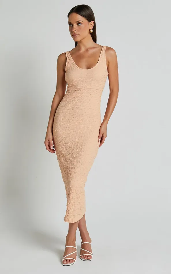 Showpo Novida Midi Dress 8211 Textured Bodycon Dress In Sherbet Women Dresses