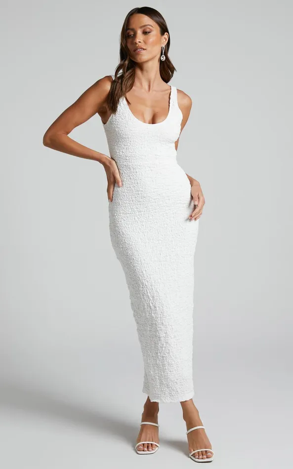 Showpo Novida Midi Dress 8211 Textured Bodycon Dress In White Women Dresses