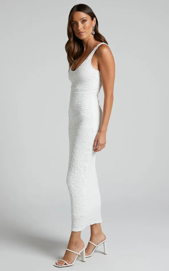 Showpo Novida Midi Dress 8211 Textured Bodycon Dress In White Women Dresses