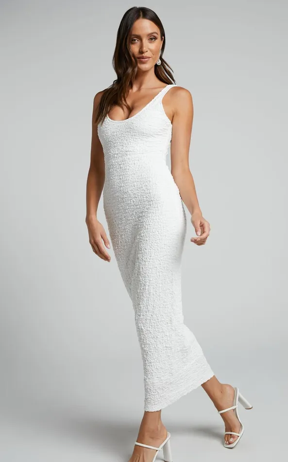 Showpo Novida Midi Dress 8211 Textured Bodycon Dress In White Women Dresses