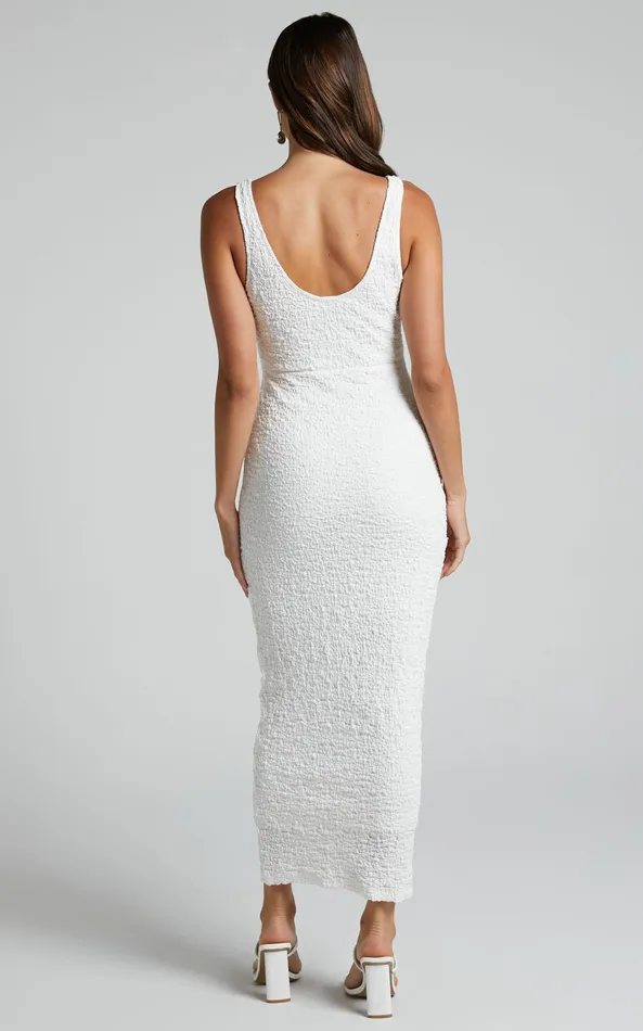 Showpo Novida Midi Dress 8211 Textured Bodycon Dress In White Women Dresses