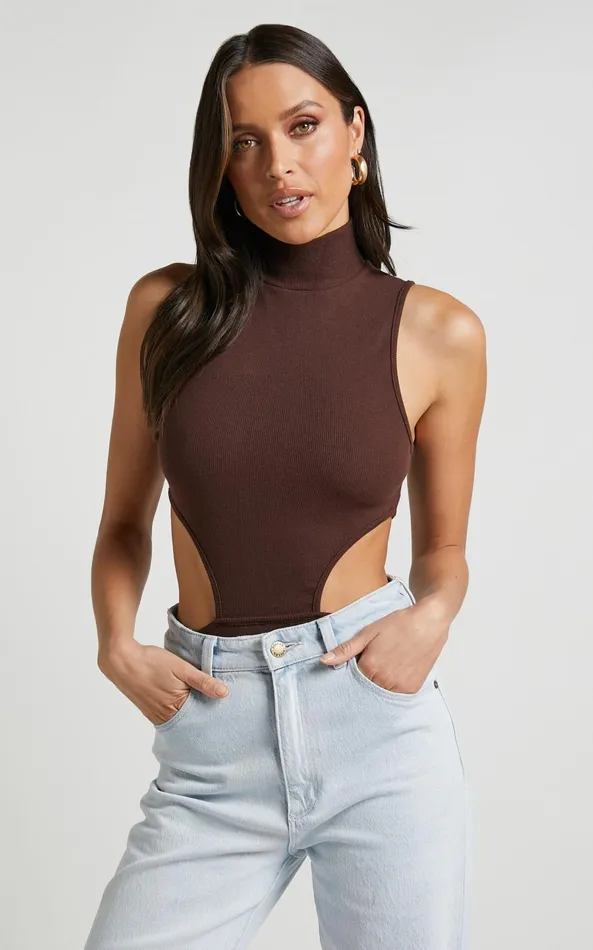 Showpo Nuala Bodysuit 8211 High Neck Side Cut Out Bodysuit In Chocolate Women Curve Clothes Showpo Nuala Bodysuit 8211 High Neck Side Cut Out Bodysuit In Chocolate Women Curve Clothes