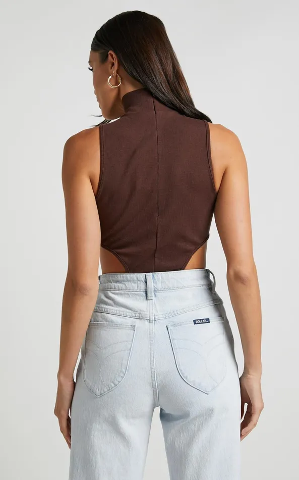 Showpo Nuala Bodysuit 8211 High Neck Side Cut Out Bodysuit In Chocolate Women Curve Clothes Showpo Nuala Bodysuit 8211 High Neck Side Cut Out Bodysuit In Chocolate Women Curve Clothes