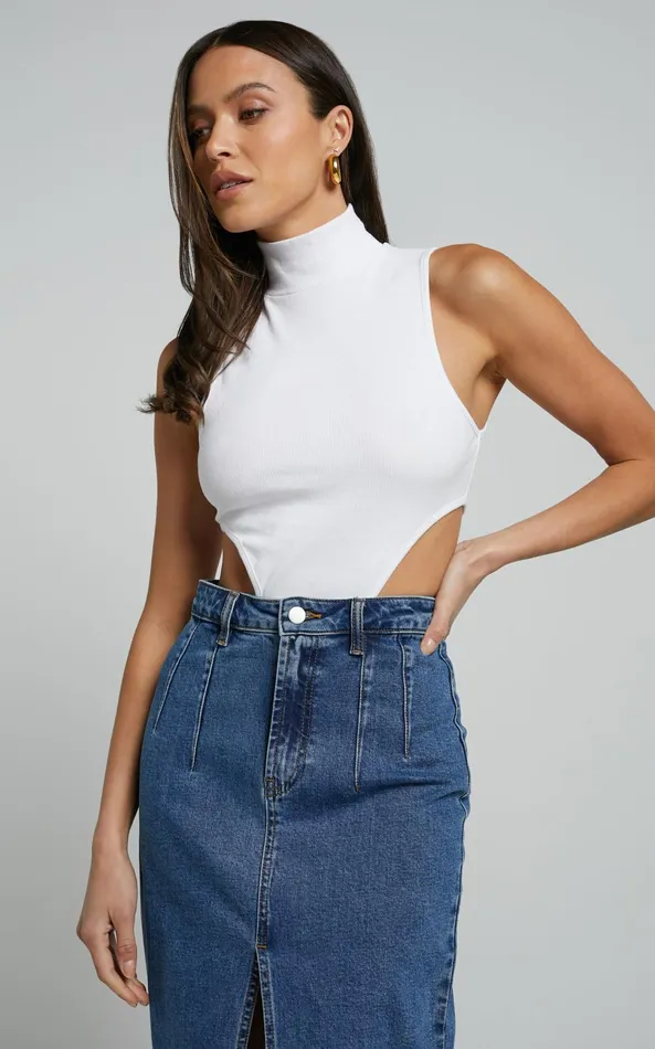 Showpo Nuala Bodysuit 8211 High Neck Side Cut Out Bodysuit In Cream Women Curve Clothes