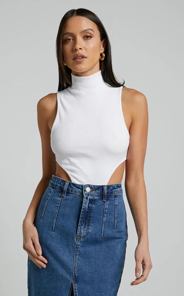 Showpo Nuala Bodysuit 8211 High Neck Side Cut Out Bodysuit In Cream Women Curve Clothes