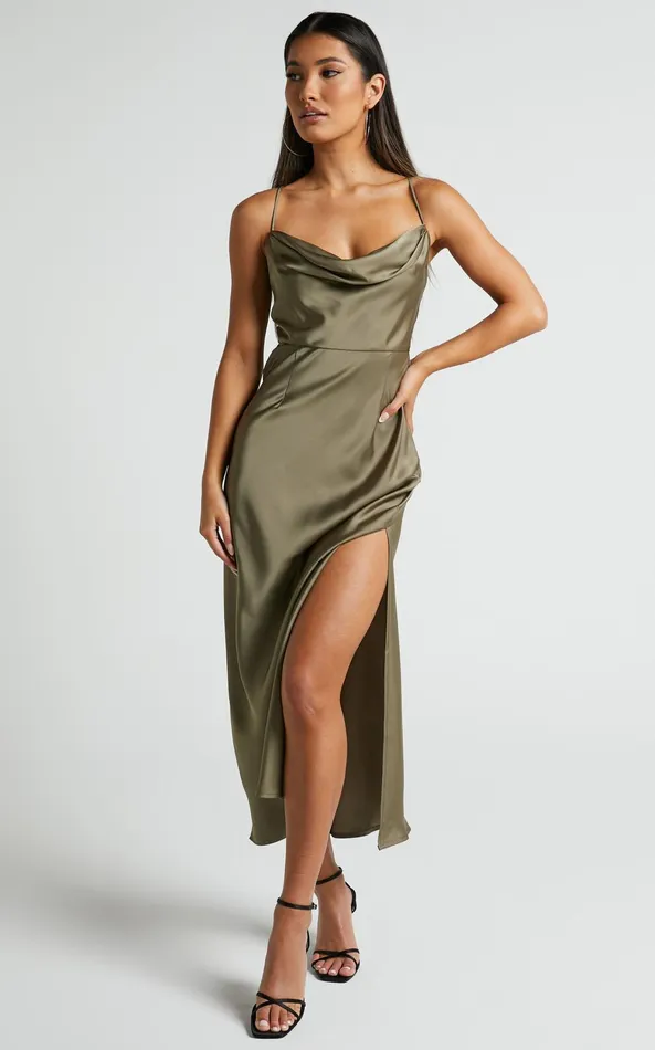 Showpo Nylah Cowl Neck Double Strap Satin Slip Midi Dress In Dark Olive Women Dresses Showpo Nylah Cowl Neck Double Strap Satin Slip Midi Dress In Dark Olive Women Dresses