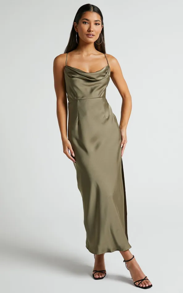 Showpo Nylah Cowl Neck Double Strap Satin Slip Midi Dress In Dark Olive Women Dresses