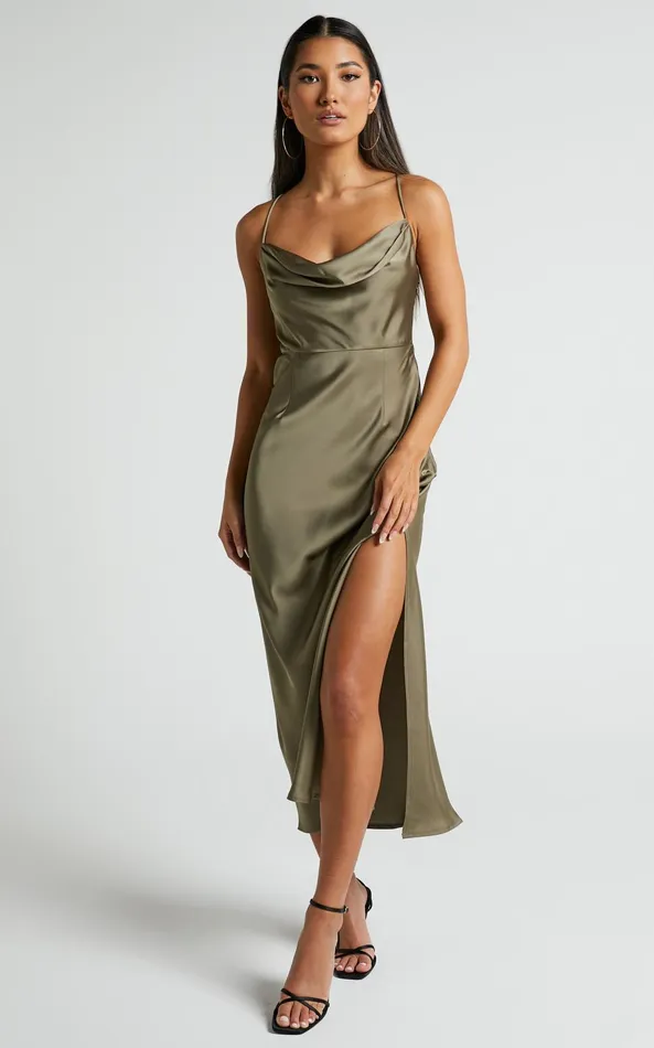 Showpo Nylah Cowl Neck Double Strap Satin Slip Midi Dress In Dark Olive Women Dresses