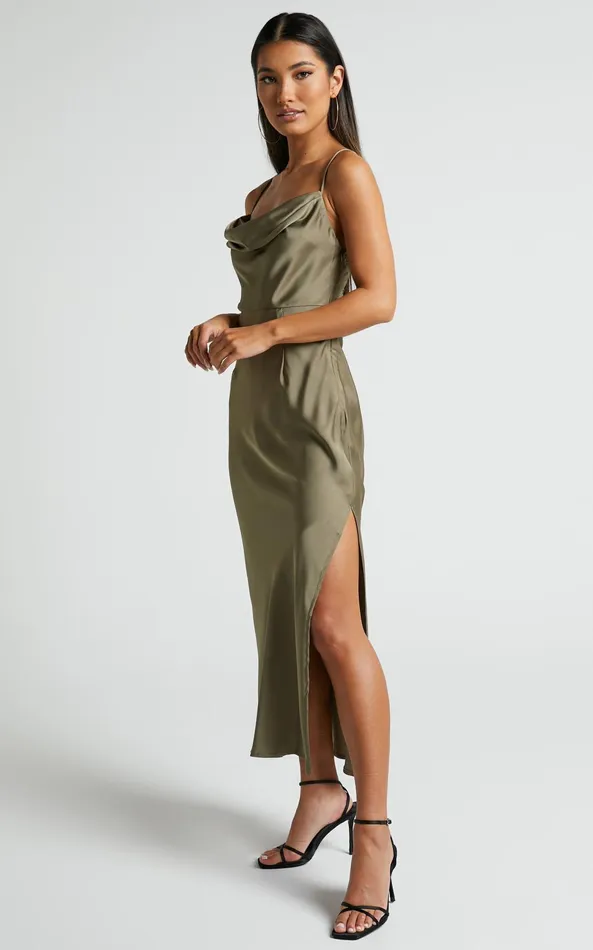 Showpo Nylah Cowl Neck Double Strap Satin Slip Midi Dress In Dark Olive Women Dresses