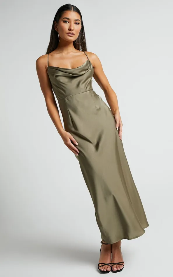 Showpo Nylah Cowl Neck Double Strap Satin Slip Midi Dress In Dark Olive Women Dresses