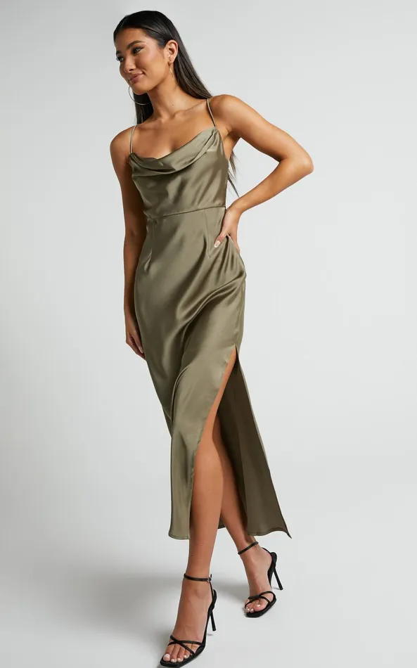 Showpo Nylah Cowl Neck Double Strap Satin Slip Midi Dress In Dark Olive Women Dresses