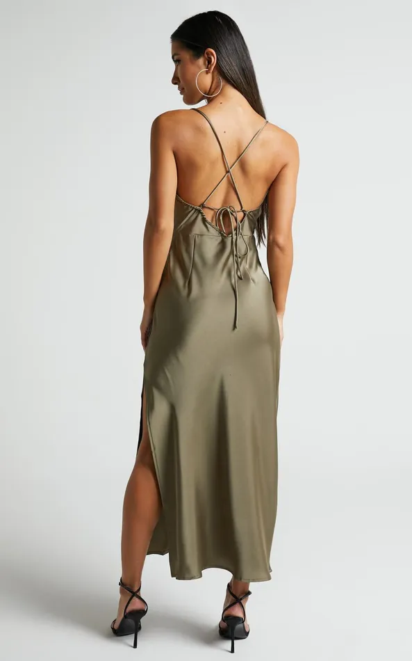 Showpo Nylah Cowl Neck Double Strap Satin Slip Midi Dress In Dark Olive Women Dresses