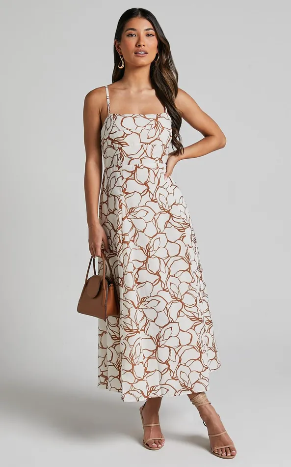 Showpo Nylia Midi Dress 8211 Strappy Fit And Flare Dress In White Floral Women Dresses