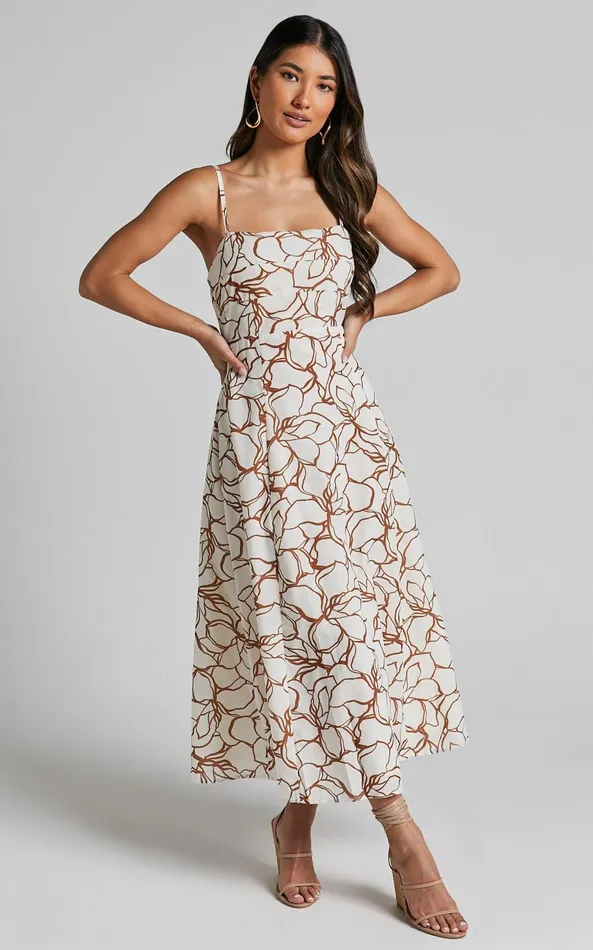 Showpo Nylia Midi Dress 8211 Strappy Fit And Flare Dress In White Floral Women Dresses