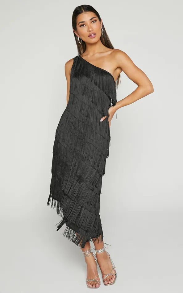 Showpo Odette Midi Dress 8211 One Shoulder Fringing Detail In Black Women Dresses Showpo Odette Midi Dress 8211 One Shoulder Fringing Detail In Black Women Dresses