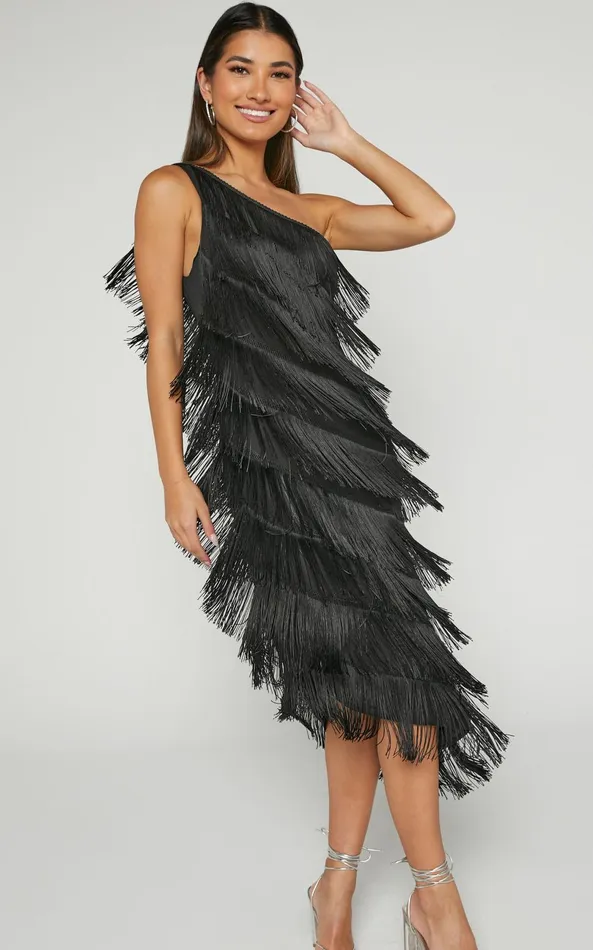Showpo Odette Midi Dress 8211 One Shoulder Fringing Detail In Black Women Dresses