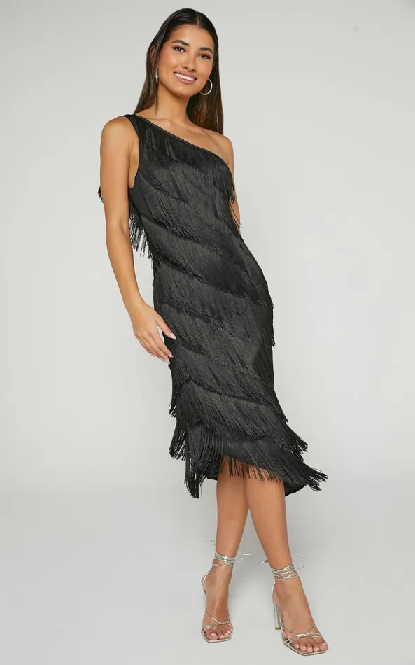 Showpo Odette Midi Dress 8211 One Shoulder Fringing Detail In Black Women Dresses