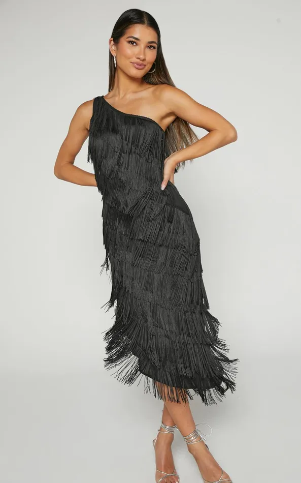 Showpo Odette Midi Dress 8211 One Shoulder Fringing Detail In Black Women Dresses