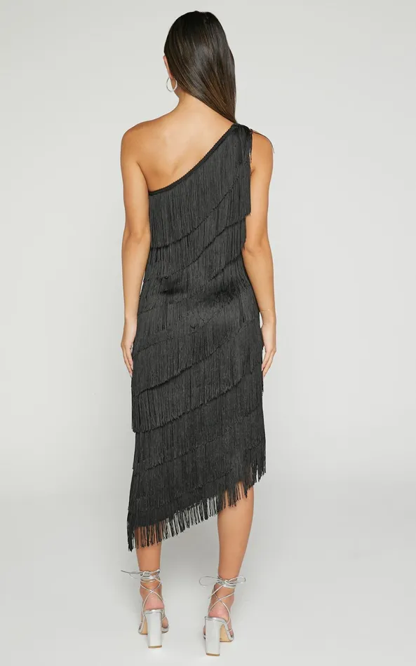 Showpo Odette Midi Dress 8211 One Shoulder Fringing Detail In Black Women Dresses