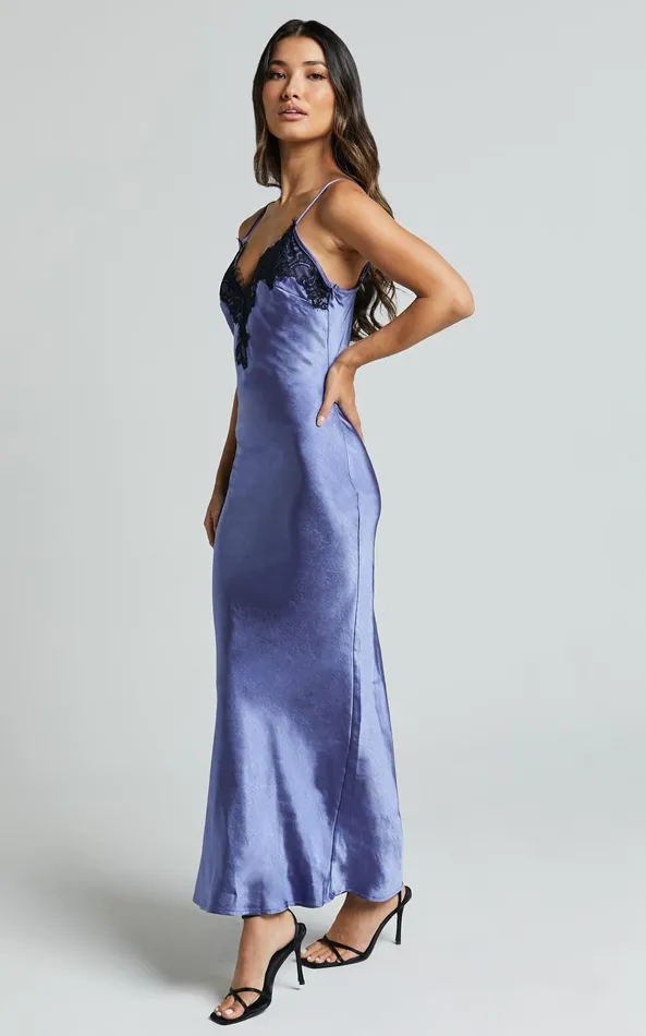 Showpo Ofeliya Midi Dress 8211 Lace Trim Satin Slip Dress In Cornflower Blue Women Dresses