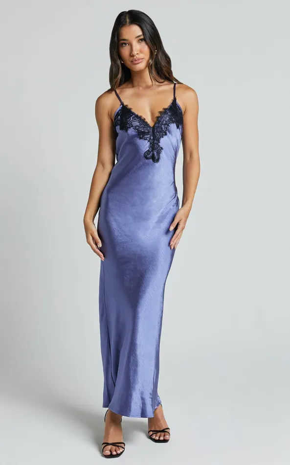 Showpo Ofeliya Midi Dress 8211 Lace Trim Satin Slip Dress In Cornflower Blue Women Dresses