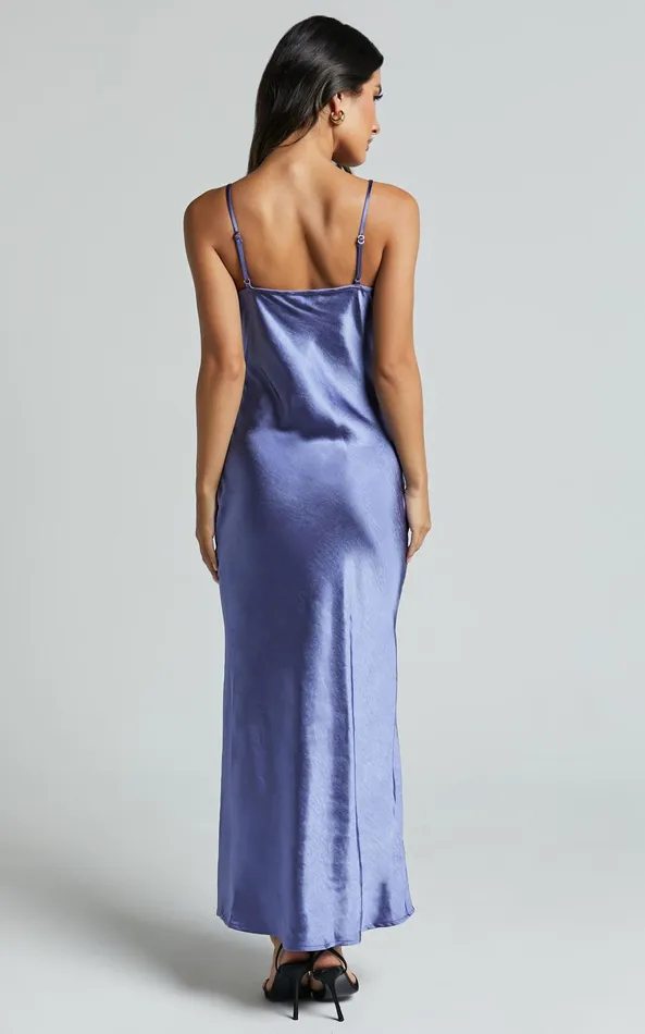 Showpo Ofeliya Midi Dress 8211 Lace Trim Satin Slip Dress In Cornflower Blue Women Dresses