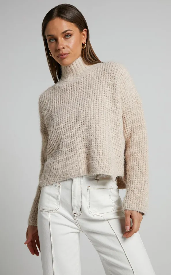 Showpo Olea Jumper 8211 Turtle Neck Furry Knit Jumper In Beige Women Knitwear