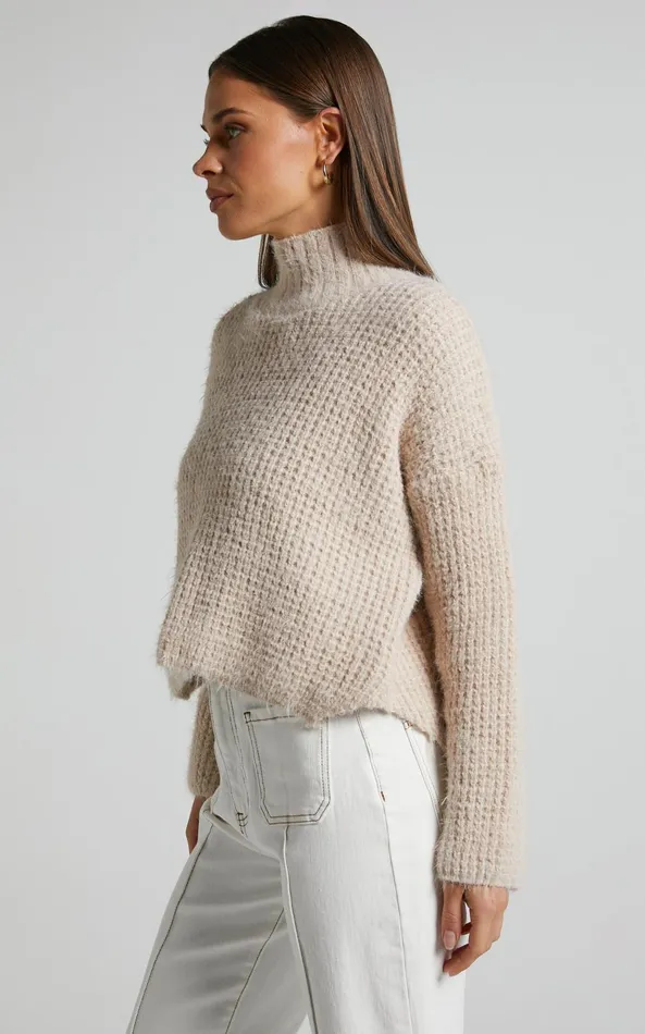 Showpo Olea Jumper 8211 Turtle Neck Furry Knit Jumper In Beige Women Knitwear