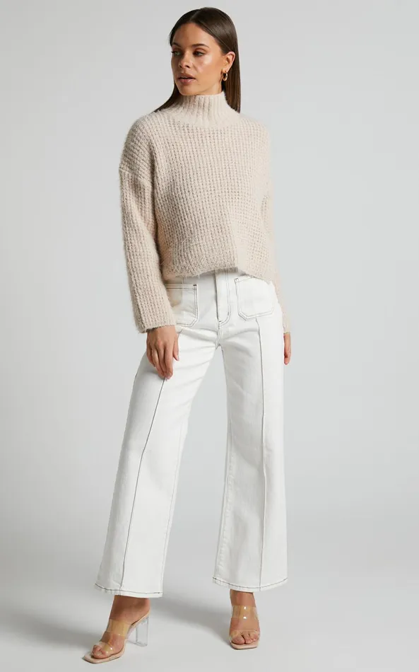 Showpo Olea Jumper 8211 Turtle Neck Furry Knit Jumper In Beige Women Knitwear