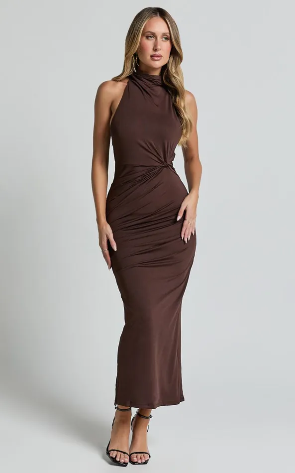 Showpo Olenna Midi Dress 8211 Halter Neck Twist Detail Tie Back Dress In Chocolate Women Dresses