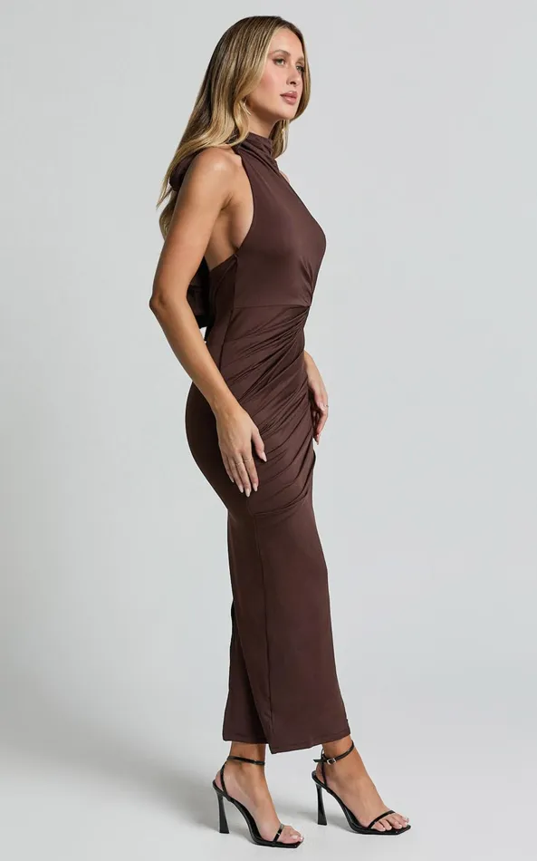 Showpo Olenna Midi Dress 8211 Halter Neck Twist Detail Tie Back Dress In Chocolate Women Dresses