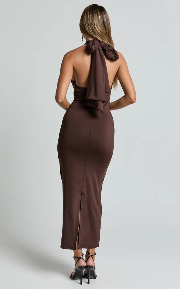 Showpo Olenna Midi Dress 8211 Halter Neck Twist Detail Tie Back Dress In Chocolate Women Dresses
