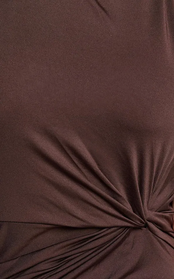 Showpo Olenna Midi Dress 8211 Halter Neck Twist Detail Tie Back Dress In Chocolate Women Dresses