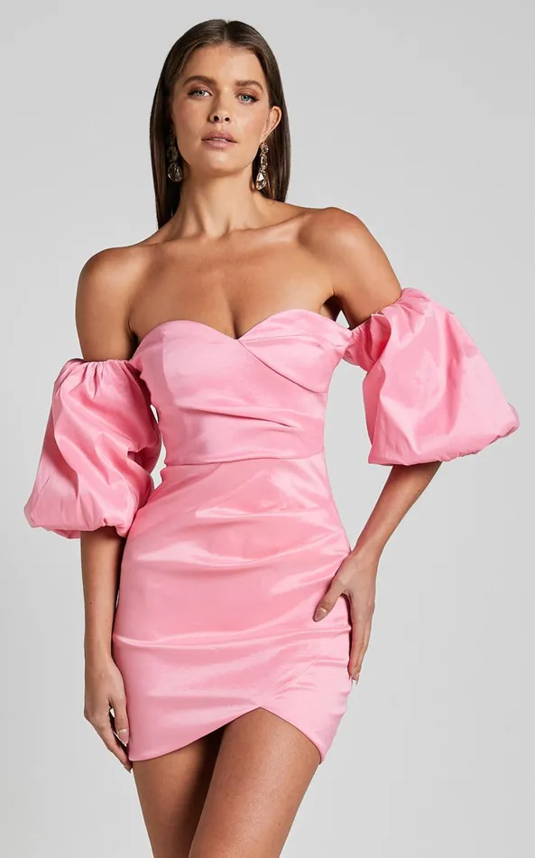 Showpo Olive Mini Dress 8211 Sweetheart Off Shoulder Short Puff Sleeve In Pink Women Dresses