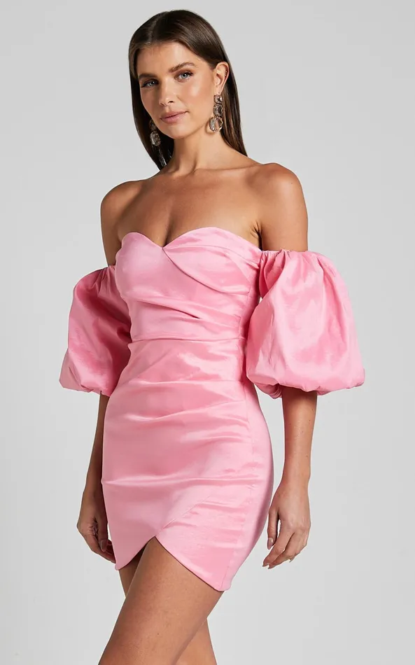 Showpo Olive Mini Dress 8211 Sweetheart Off Shoulder Short Puff Sleeve In Pink Women Dresses