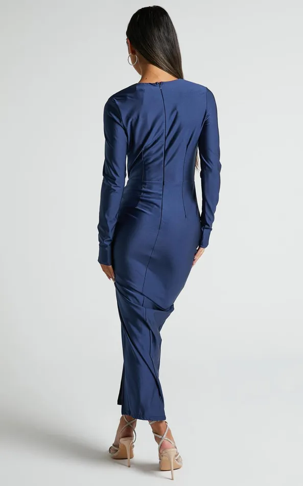 Showpo Olivia Long Sleeve Deep V Ruched Side Split Bodycon Midi Dress In Navy Women Dresses