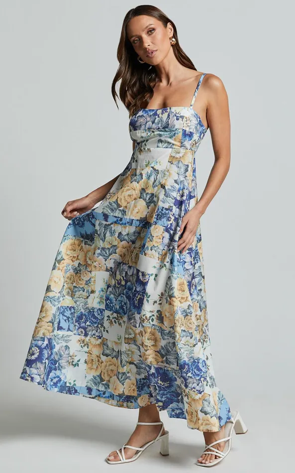 Showpo Olivia Midi Dress 8211 Straight Neck Strappy ALine Dress In Patchwork Floral Women Dresses
