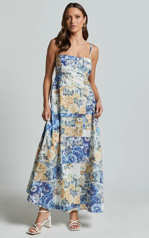 Showpo Olivia Midi Dress 8211 Straight Neck Strappy ALine Dress In Patchwork Floral Women Dresses