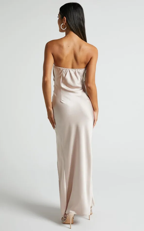 Showpo Olivia Midi Dress 8211 Strapless Gathered Side Split Satin Dress In Champagne Women Dresses