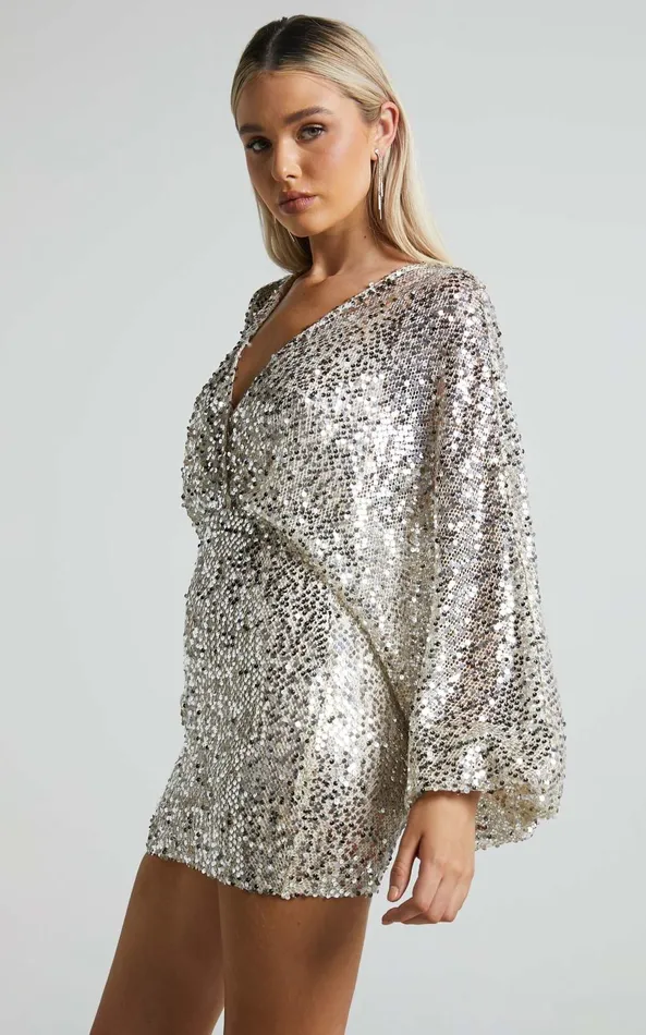 Showpo Oliwia Mini Dress 8211 Billow Sleeve Plunge Fitted Dress In Champagne Women Dresses