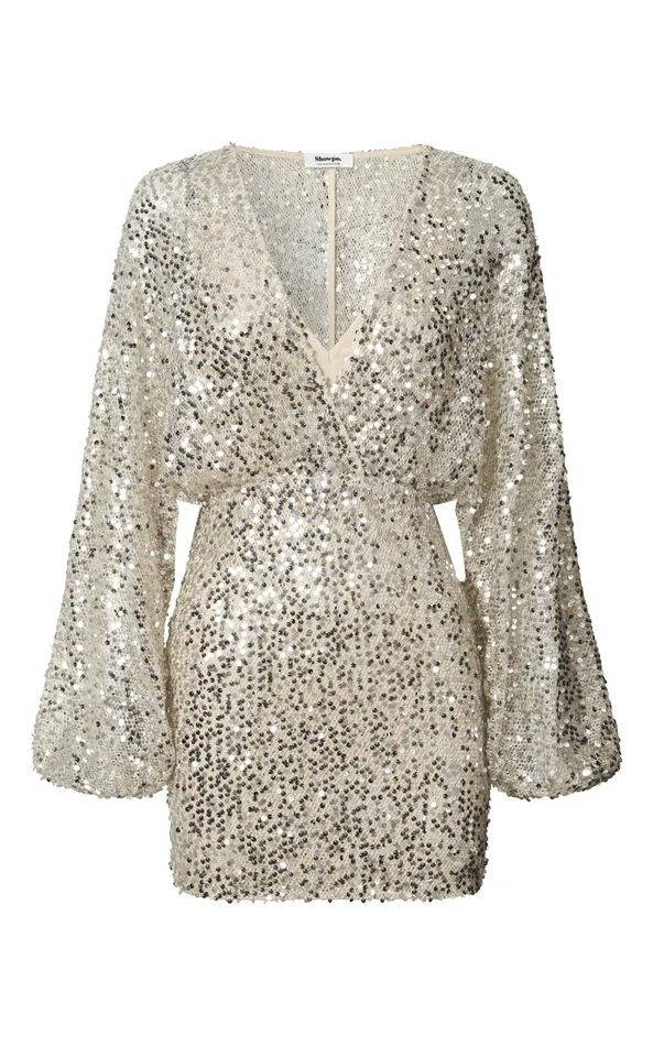 Showpo Oliwia Mini Dress 8211 Billow Sleeve Plunge Fitted Dress In Champagne Women Dresses