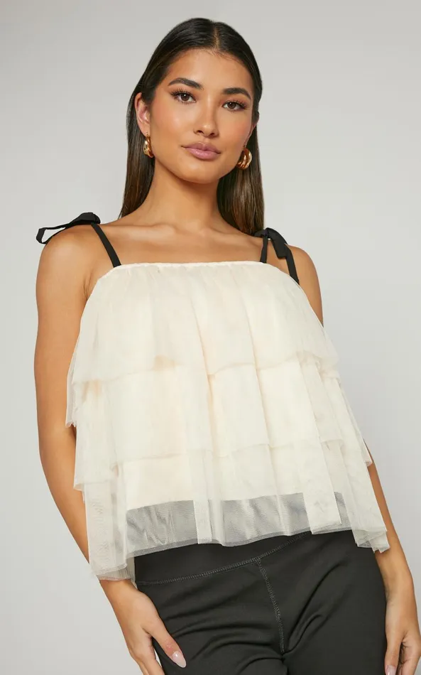 Showpo Ollea Top 8211 Tiered Tie Strap Top In Cream Women Tops