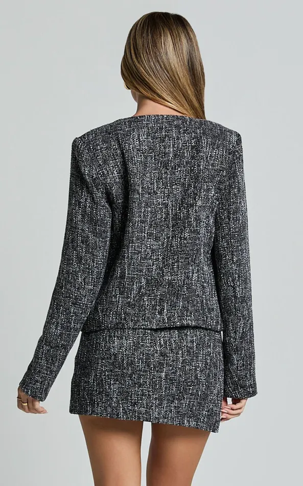 Showpo Olympia Jacket 8211 Long Sleeve Boucle Jacket In Black Women Blazers