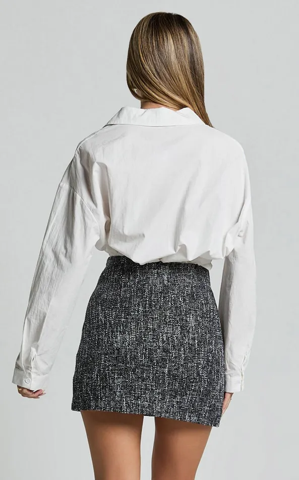Showpo Olympia Mini Skirt 8211 High Waisted A Line Boucle Skirt In Black Women Skirts